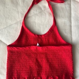 red crop top with tied neck